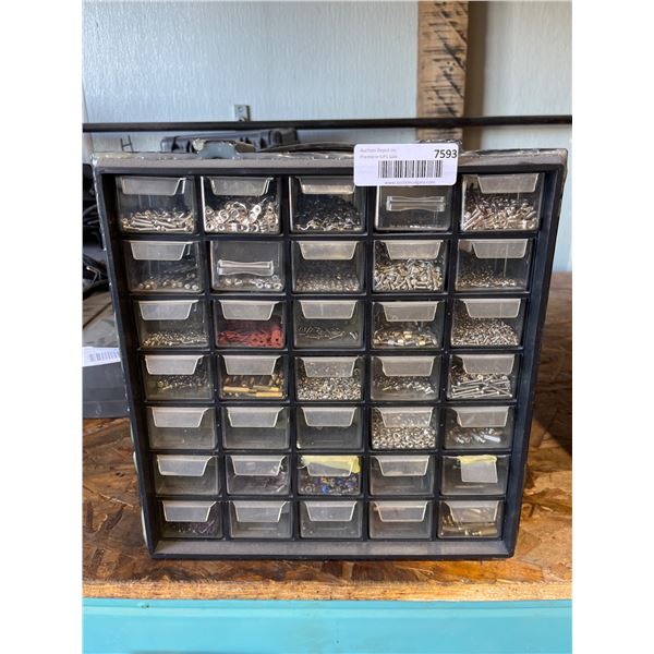 Metal Storage Organizer With 35 Drawers Containing Mixed Hardware