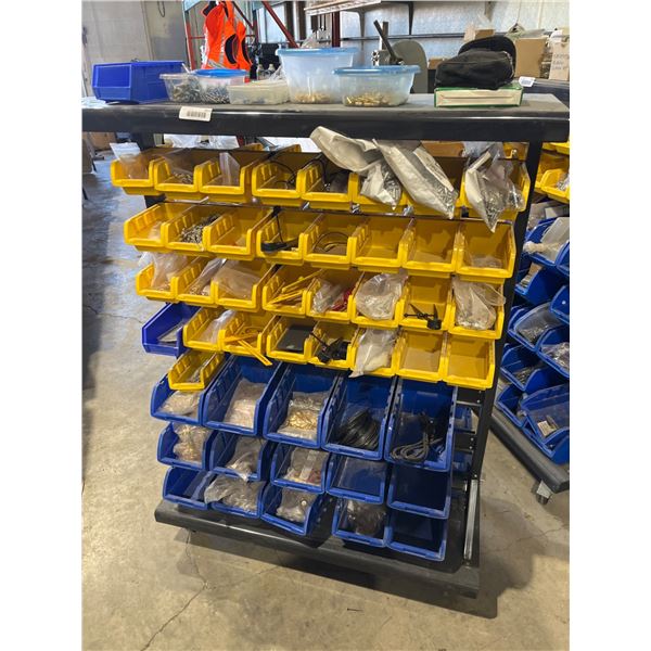 Mobile Rolling Steel Shelf With Plastic Bins Containing Assorted Fasteners And Hardware