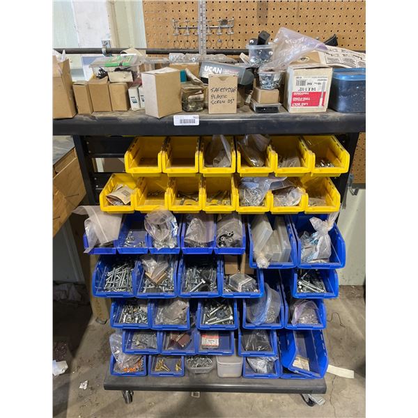 Mobile Rolling Steel Shelf With Plastic Bins Containing Assorted Fasteners And Hardware