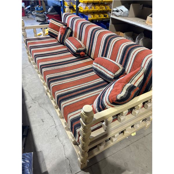 8ft Wood-Framed Sofa with Striped Fabric and Cushions