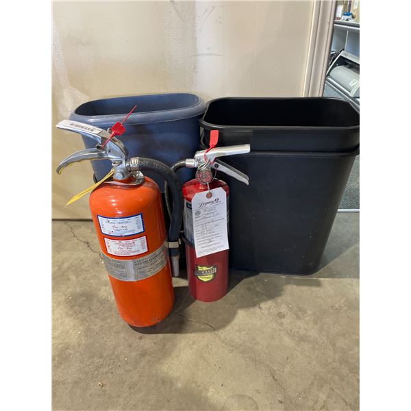 Fire Extinguishers and Assorted Garbage Bins