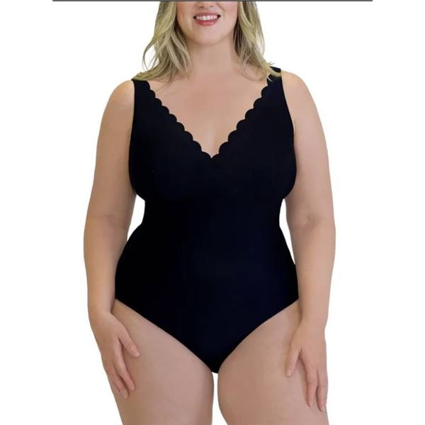 Roots Black Bodysuit, Size 16, Scalloped Detail