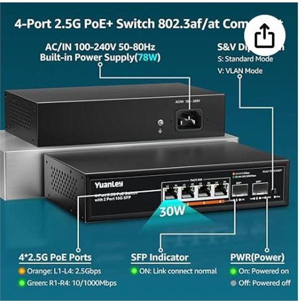 YuanLey 6 Port 2.5G PoE Switch Unmanaged, 4 x 2.5G Base-T PoE Ports, 2 x 10G SFP, IEEE802.3af/at, 78
