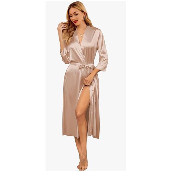 Ekouaer XXL Women's Silk Satin Bridesmaid Robe in Soft Gold
