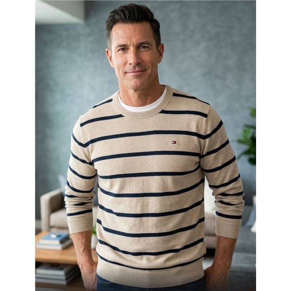 Tommy Hilfiger Beige and Navy Blue Striped Sweater, Size L/G