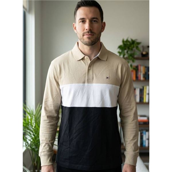 Tommy Hilfiger Men's XL Long Sleeve Polo Shirt, Beige/White/Black Color Block