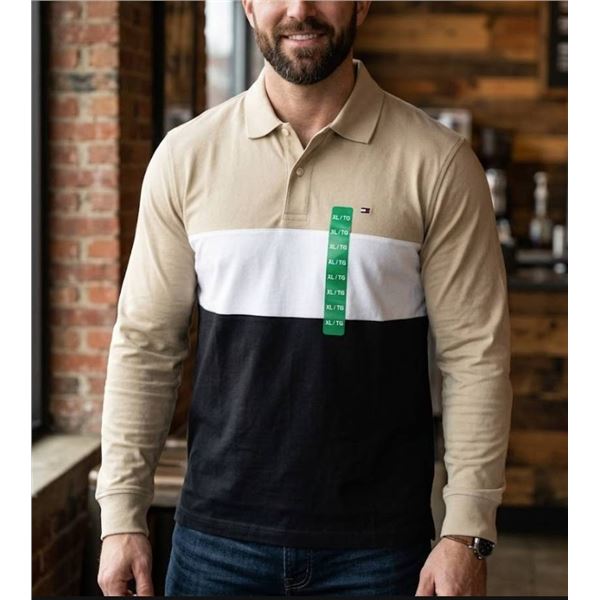 Tommy Hilfiger Men's XL Long Sleeve Polo Shirt, Beige/White/Black Color Block