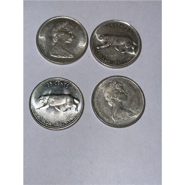 4 Canada Silver 25 Cent Centennial Coins 1967