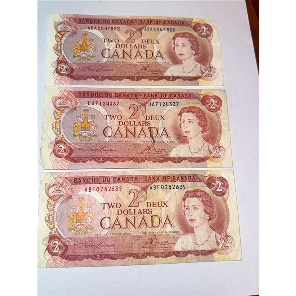 3 Canadian $2 Banknotes 1974