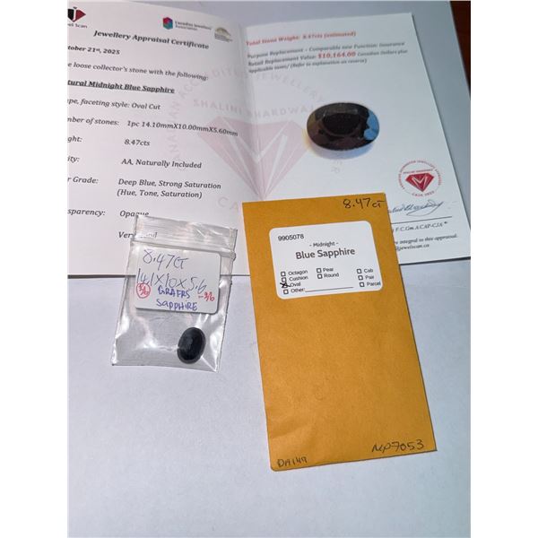 8.47ct Natural Midnight Blue Sapphire with appraisal certificate $10,164.00