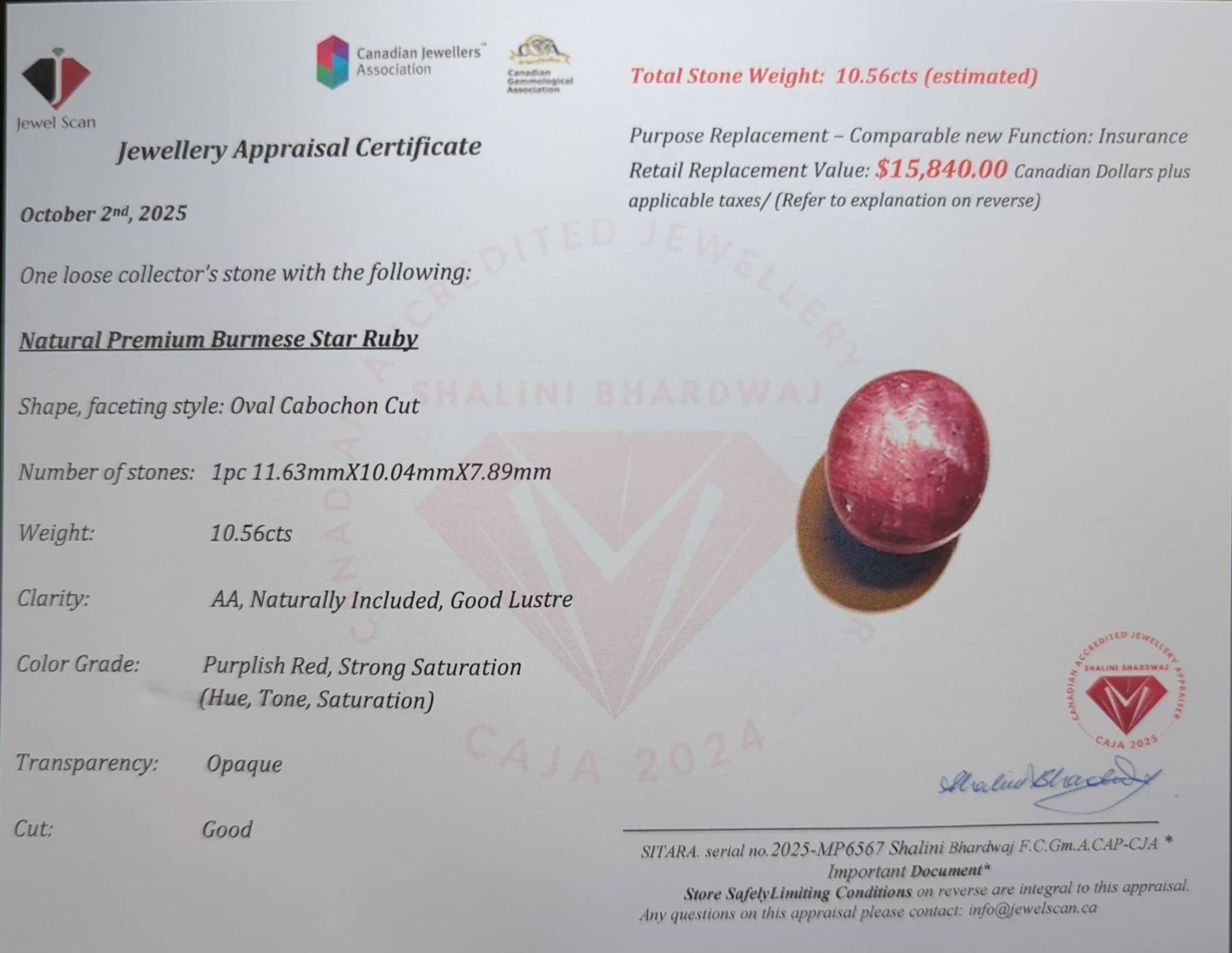 10.56 ct Certified Star Ruby gemstone ($15,840 Appraisal)