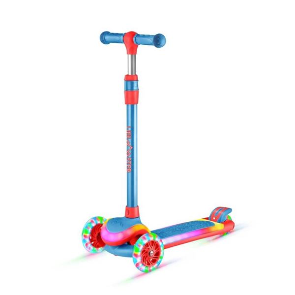 Lifemaster 3-Wheel Kids Scooter - Multi-Color Lights, 5-Height Handlebar, Anti-Slip Deck, Blue Red, 