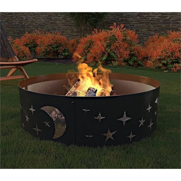 Amazon Basics Outdoor Round Steel Fire Ring - 36-Inch, Star and Moon Design, Black