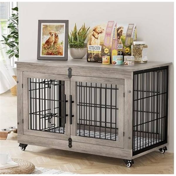 Lulive Dog Crate Furniture, Dog Kennel Indoor Double Doors Wooden Dog Cage, 38'' Heavy Duty Dog Crat