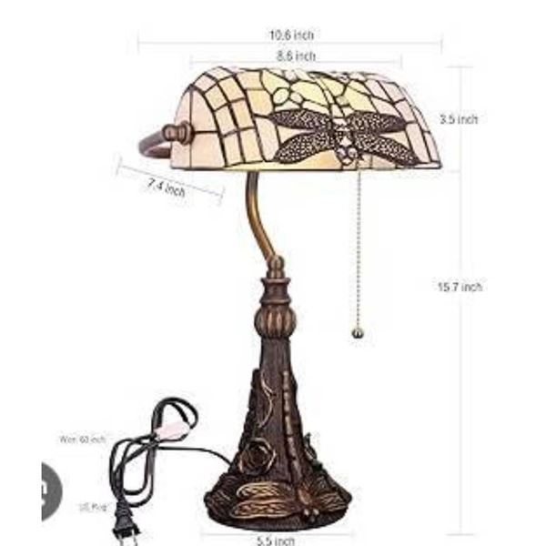 Stained Glass Desk Lamp with Dragonfly Design and Metal Base Item R57R