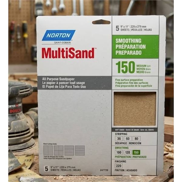 Lot of 25 - Norton MultiSand 9 x 11 Inch Sandpaper 5 Per Package, Medium Grit 150