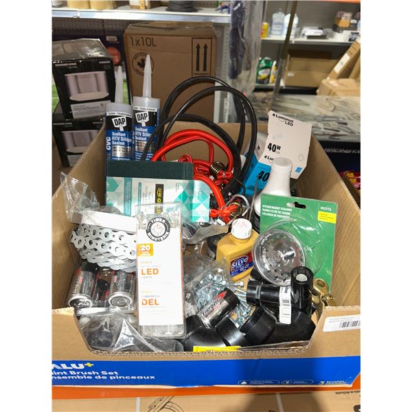 Lot of Assorted Tools and Hardware Supplies Including LED Bulbs, Silicone, Cables