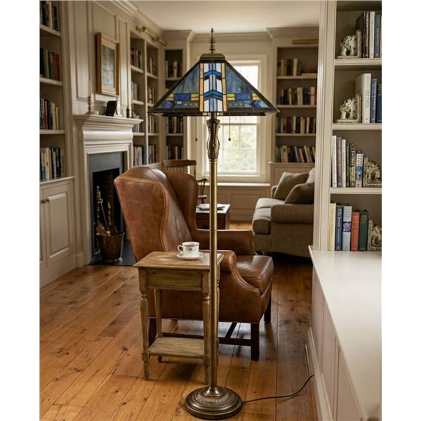Stained Glass-Style Floor Lamp With Metal Base and Dual Light Fixture