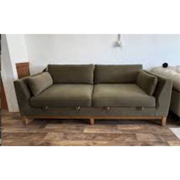 Green Upholstered Sofa With Built-In Storage Compartments