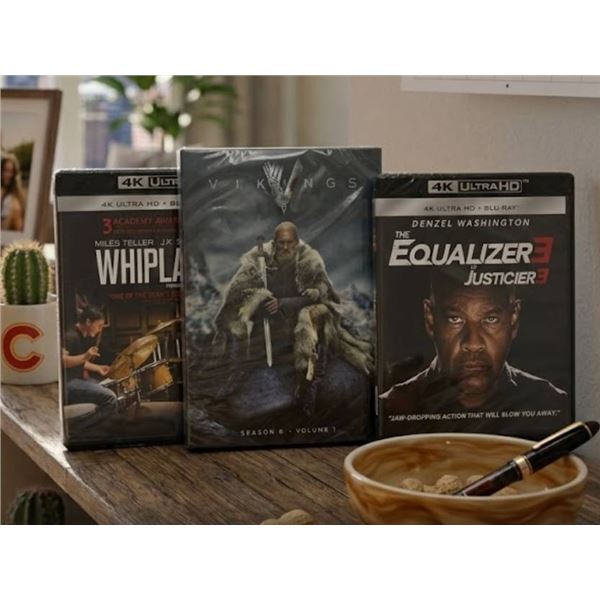 3 4K Ultra HD Movies: Whiplash, Vikings Season 6 Volume 1, and The Equalizer 3