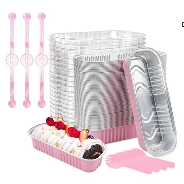60pcs Pink Mini Loaf Pans for Baking with Lids and Spoons Rectangular Aluminum Foil Baking Pans