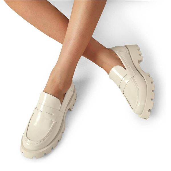 DREAM PAIRS Womens Loafers, Lug Sole Slip On Platform Chunky Penny Loafers Size 9, Beige