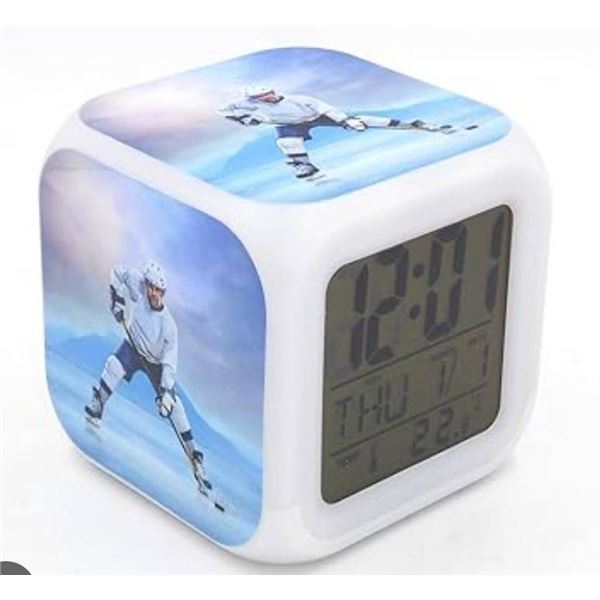 Color-Changing Digital Alarm Clock with Ice Hockey Graphics