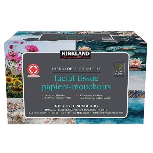 Kirkland Signature Ultra Soft 3-Ply Facial Tissue, 12 Packs