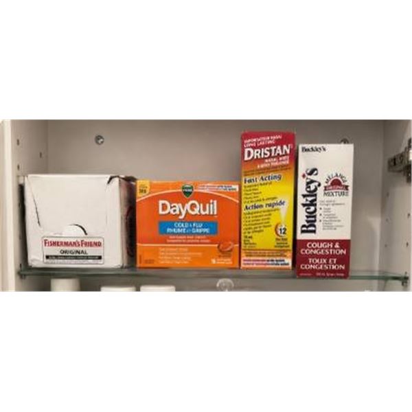 Vicks DayQuil, Dristan Nasal Mist, Buckley's Cough Mixture, and Fisherman's Friend