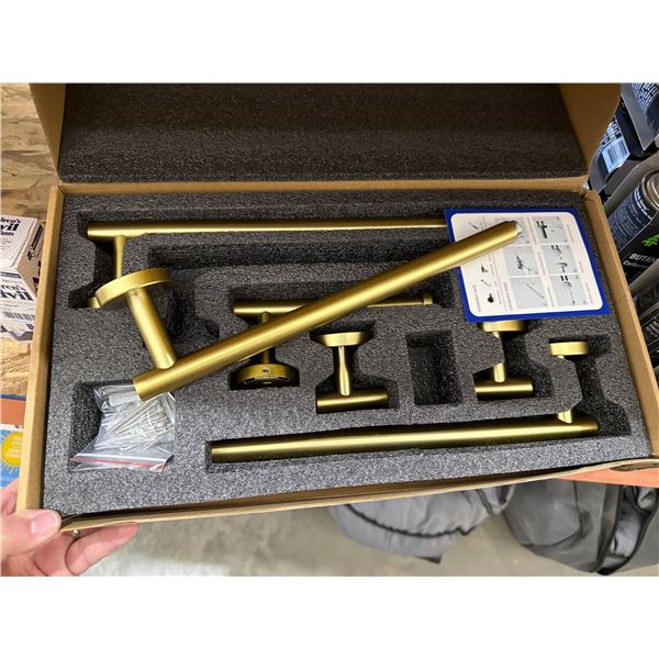 Brass Hardware Set with Mounting Components and Installation Overview