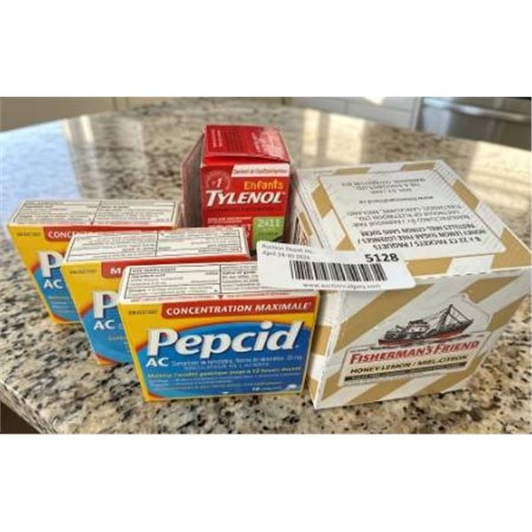 Pepcid AC, Enfants Tylenol, and Fisherman's Friend Honey-Lemon Lozenges