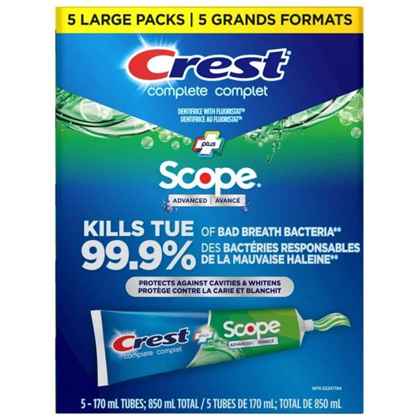 Crest Complete Plus Scope Advanced Toothpaste, 5 Tubes, 170 mL Each