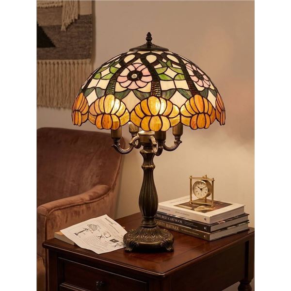 Stained Glass Lamp With Floral Design and Dual Bulb Capability