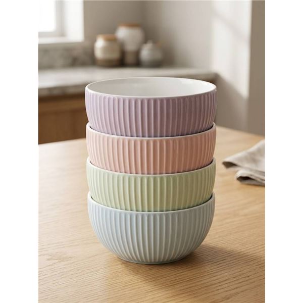 Four Ribbed Ceramic Bowls in Pastel Colors