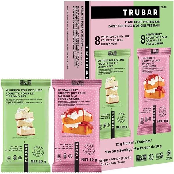 Trubar Plant-Based Protein Bars – Key Lime & Strawberry, 50 g Bars, 16 Count Each
