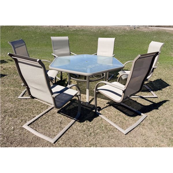 PATIO TABLE AND SIX CHAIRS