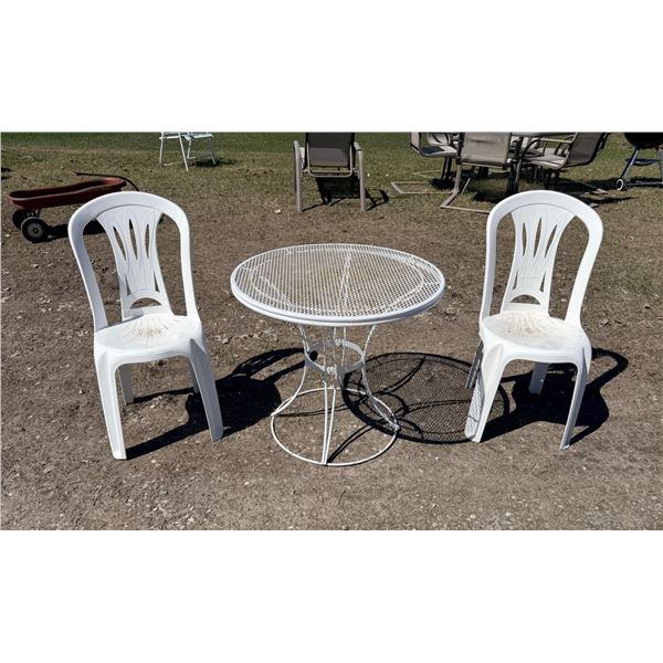 PATIO METAL BISTRO TABLE AND TWO PLASTIC PATIO CHAIRS