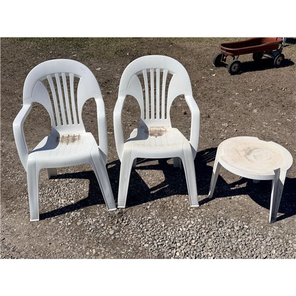 PATIO CHAIRS AND SMALL TABLE - TWO CHAIRS AND SMALL SIDE TABLE