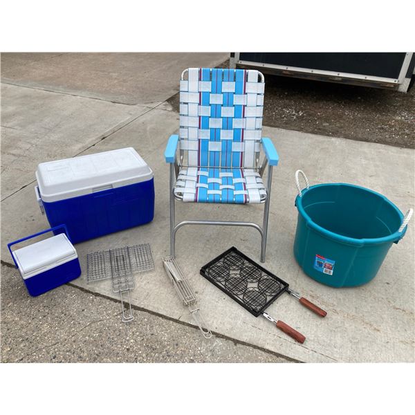 VINTAGE-STYLE ALUMINUM FOLDING LAWN CHAIR AND MISCELLANEOUS CAMPFIRE GEAR