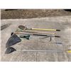 Image 1 : LAWN CARE LOT: RAKES, HOE, SHOVEL, AND BULB PLANTER