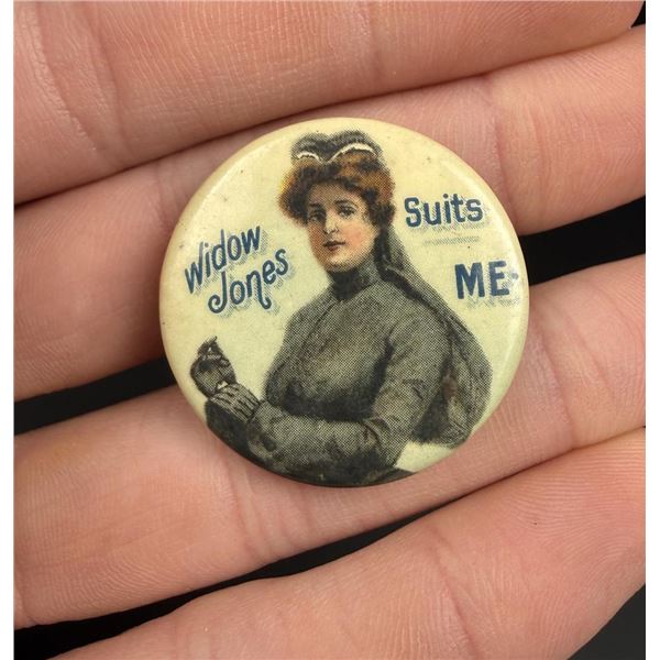 Widow Jones Suits Me Celluloid Advertising Button