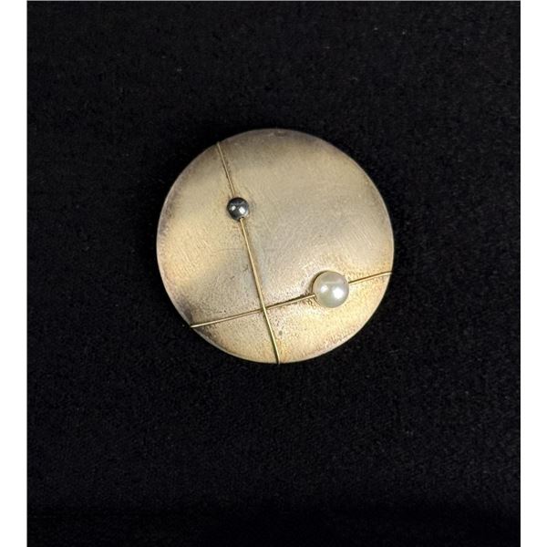 Modernist Signed Sterling 14K Gold Brooch