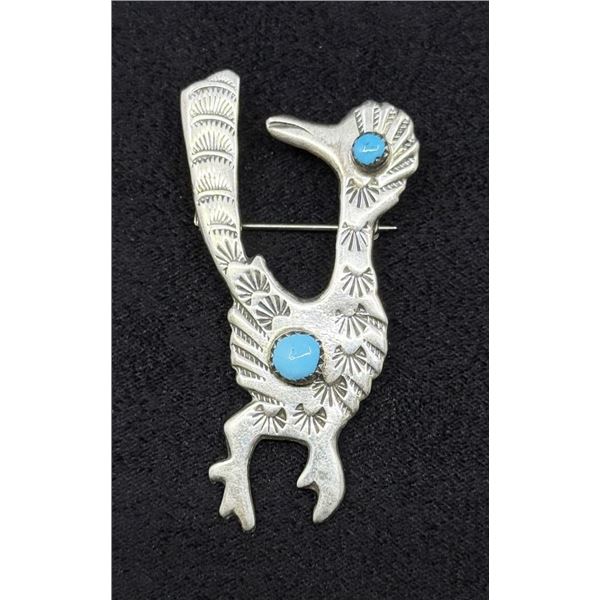 Navajo Sterling Silver Turquoise Roadrunner Brooch