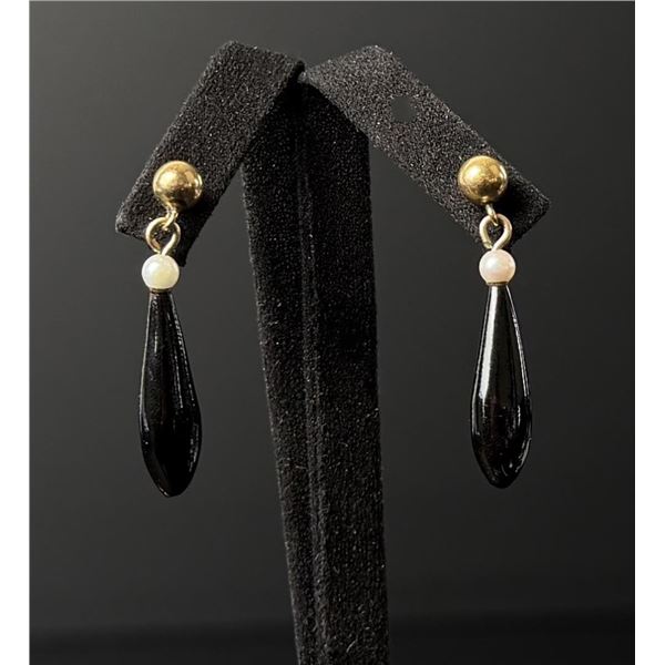 14K Gold Carved Onyx and Pearl Teardrop Earrings