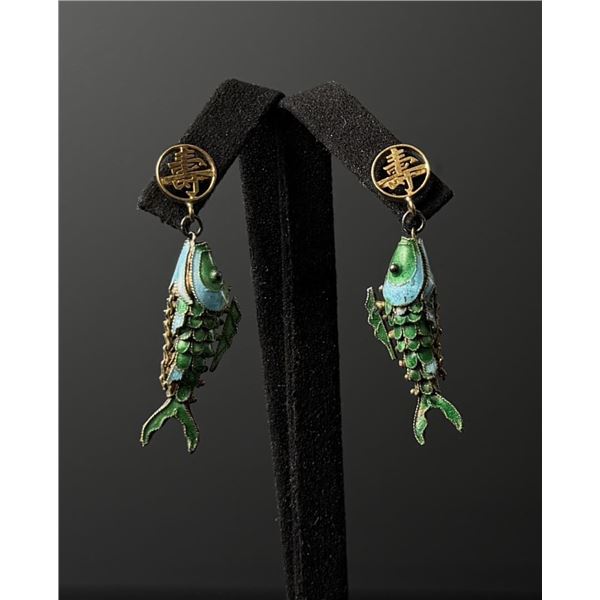 14K Gold Chinese Enamel Koi Fish Earrings