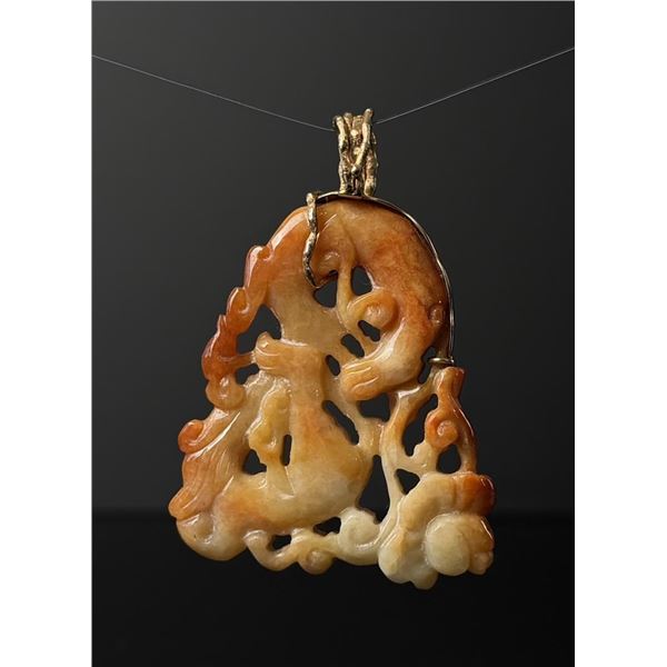 14K Gold Chinese Red Orange Jade Dragon Pendant