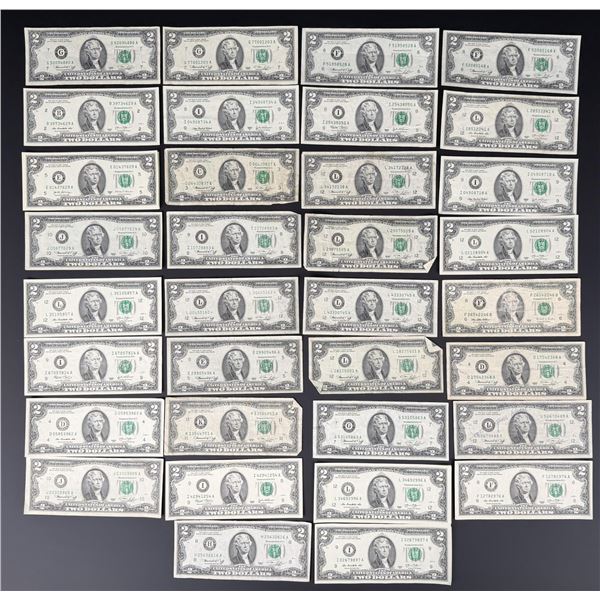 Collection of 34 $2 Dollar Bills