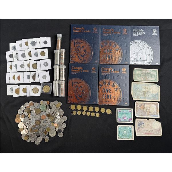 Large Group of Foreign Coins and Currency