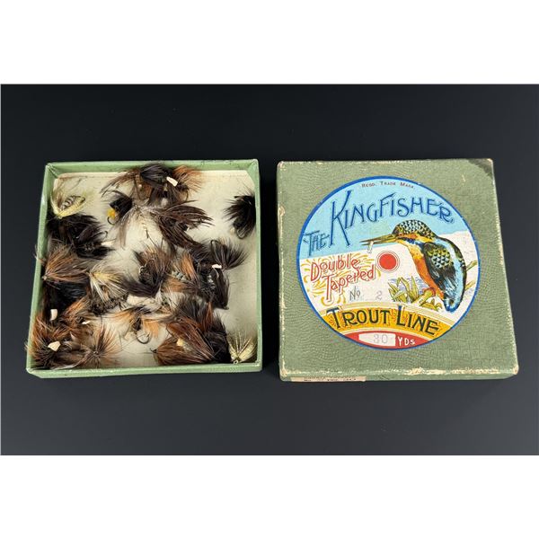 Antique Kingfisher Fly Fishing Line Box with Flies
