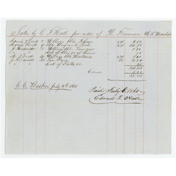 1860 Watson Freeman Ship Supplies Bill of Sale